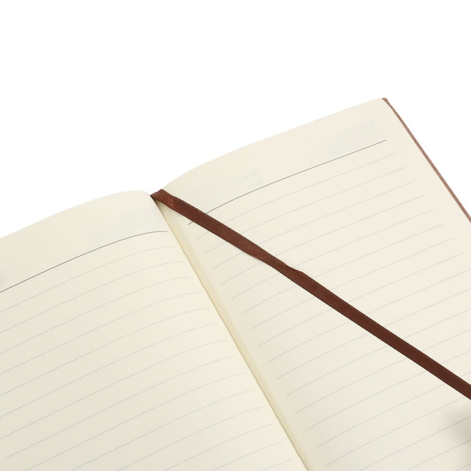 A colour changing PU leather notebook with lined pages and a brown ribbon bookmark. It has a subtle logo.