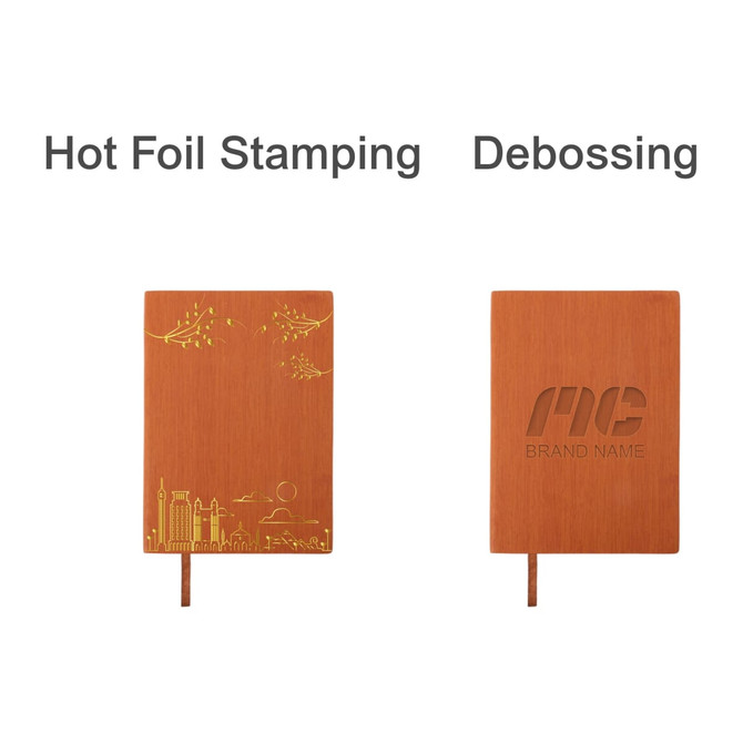 A5 PU leather notebook in brown, featuring hot foil stamping and debossing designs on the cover.