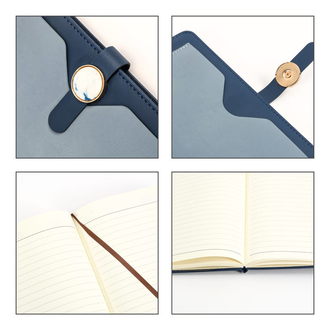 A magnetic buckle pocket notebook featuring a blue and grey exterior and blank lined pages inside.