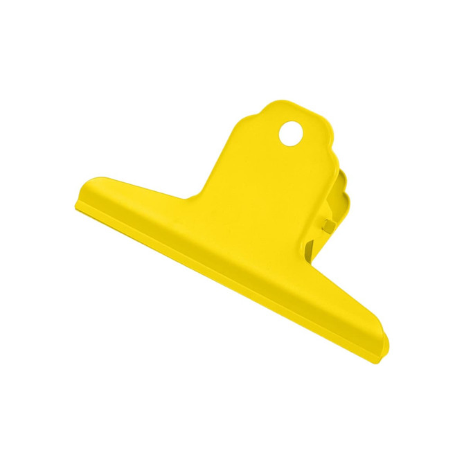A yellow metal binder clip with a sturdy design and a hole for easy storage, featuring a logo.