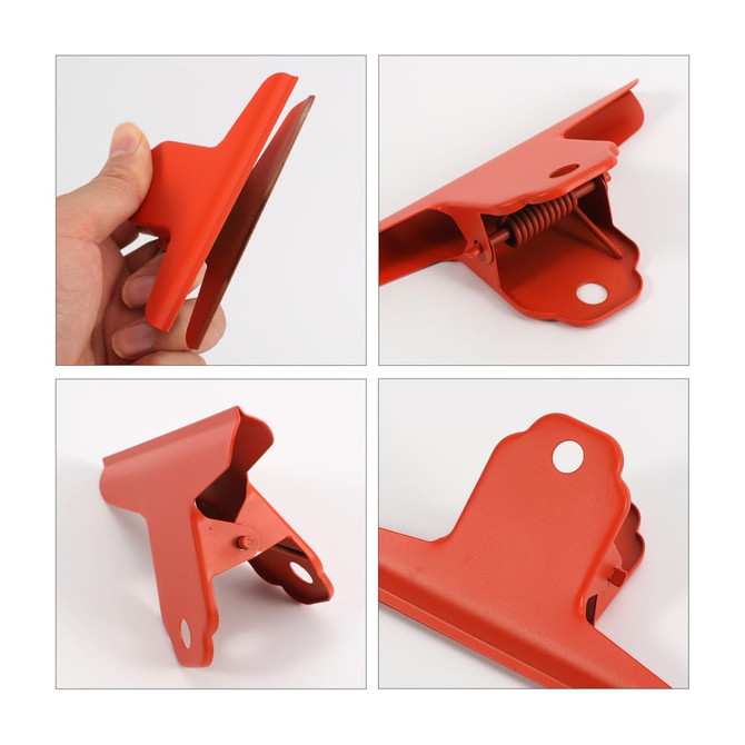A set of red metal binder clips displayed from various angles, highlighting their design and features.