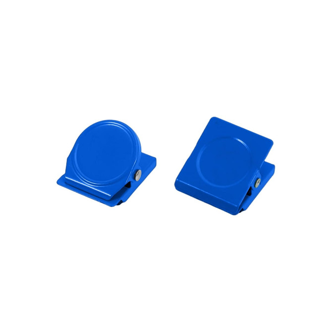 Two blue metal magnetic clips displayed side by side, each with a smooth round surface and a sturdy base.
