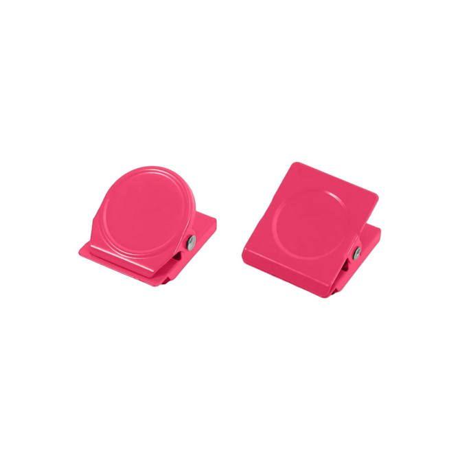 A pair of bright pink metal magnetic clips positioned next to each other, featuring a sleek design.