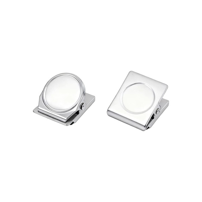 Two metallic magnetic clips in silver, featuring a circular and rectangular design, with a reflective surface.