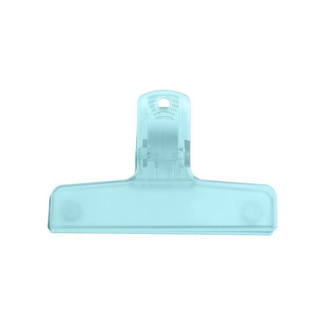 A translucent blue plastic magnetic clip with a sleek design. It features a hole for easy hanging and branding on it.
