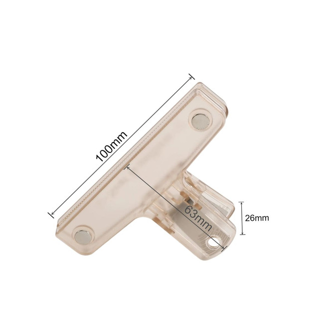 A translucent plastic magnetic clip in a clear colour, featuring measurements of 100mm by 63mm by 26mm.