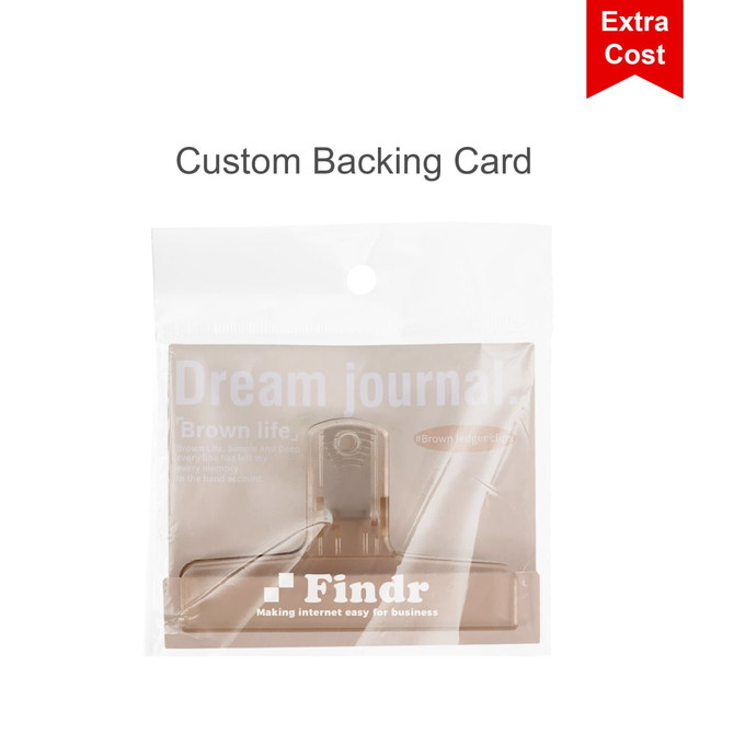Translucent plastic magnetic clips in a clear package with a custom backing card. Includes a logo and features brown clips.