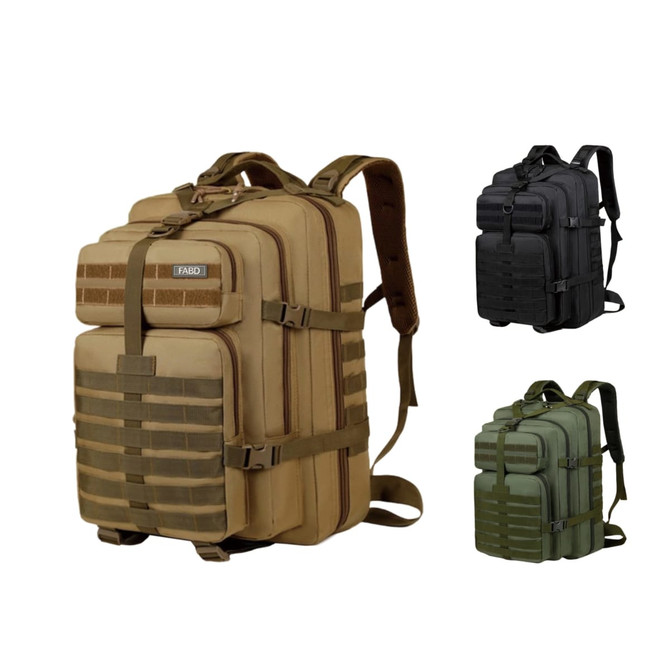 A tactical backpack in tan, black, and green, featuring multiple compartments and straps, with a logo on the front.