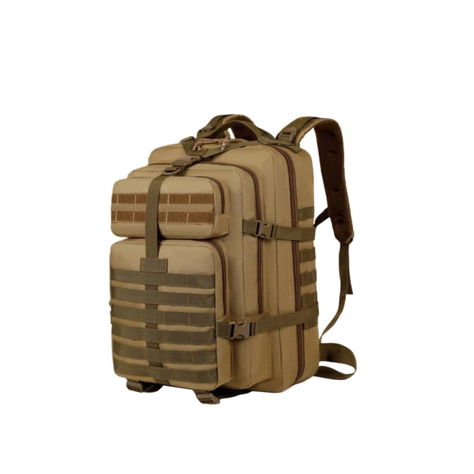 A tactical backpack in tan, featuring multiple compartments, straps, and a padded back for comfort.