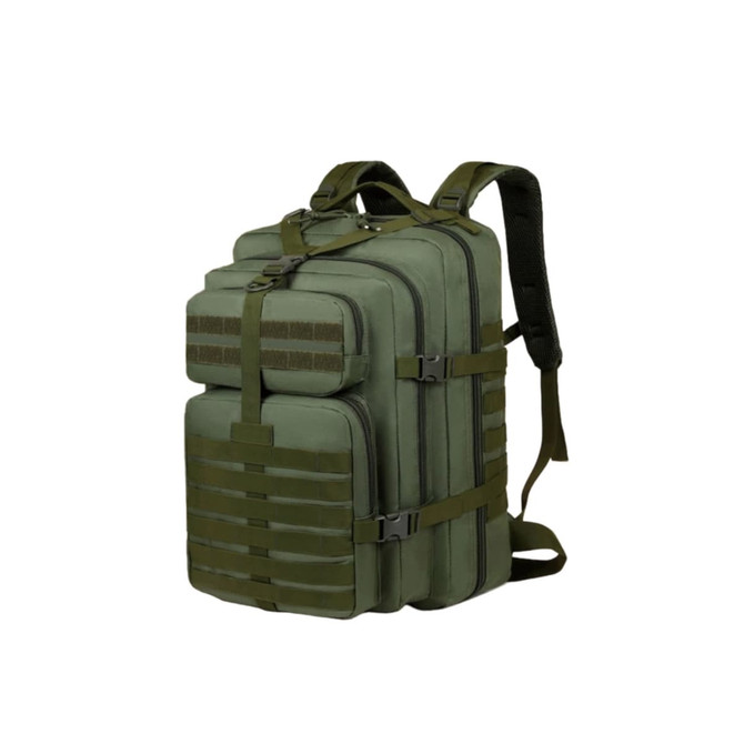A tactical backpack in olive green with multiple compartments and adjustable straps. It features a logo on the side.