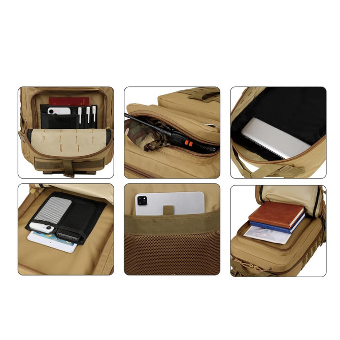 A tactical backpack in tan with various compartments, including a laptop sleeve and pockets for accessories and documents.