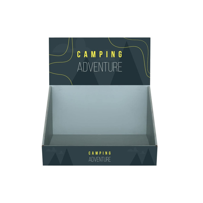 A corrugated cardboard counter display in dark green with a mountain design and no products visible inside.