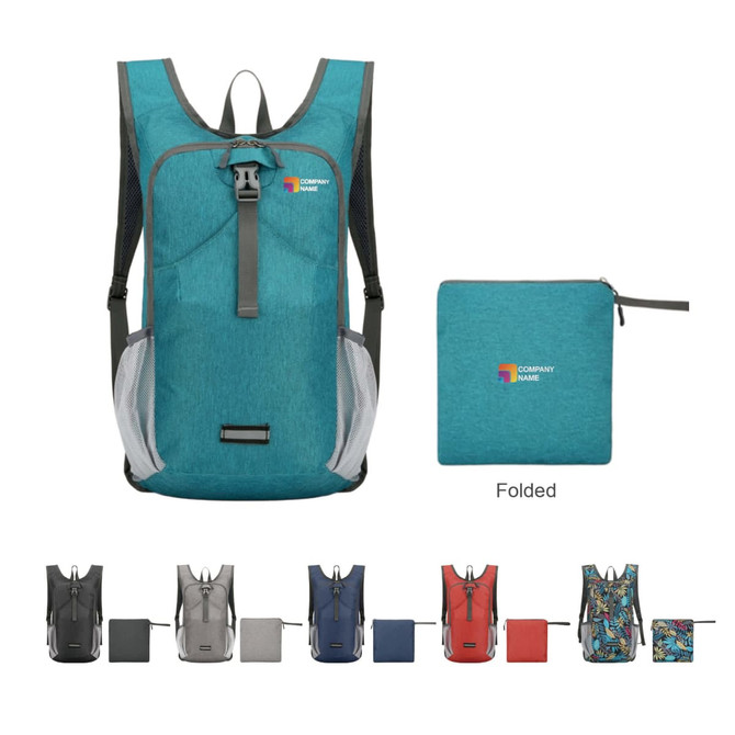 A large packable camping backpack in teal with grey accents, shown both unfolded and folded into a compact square.