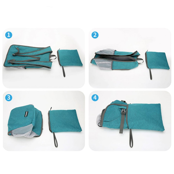 A large packable camping backpack in teal, featuring multiple compartments and a small storage pouch.