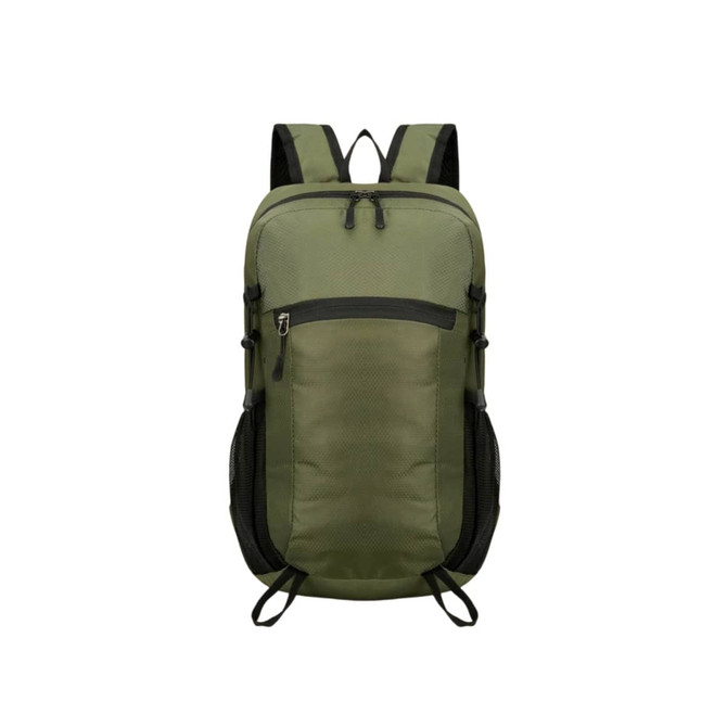 A packable hiking backpack in olive green with zippered compartments and mesh side pockets. It features adjustable straps and a logo.