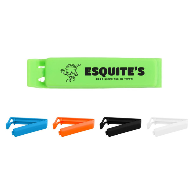 A green food bag seal clip is surrounded by black, white, orange, and blue clips, featuring a logo.