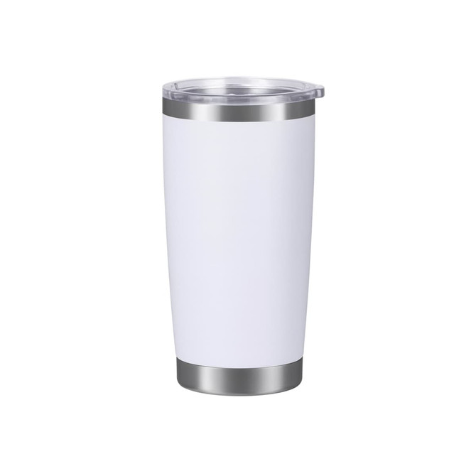 A drink bottle with a stainless steel double wall, featuring a white exterior and a clear lid.