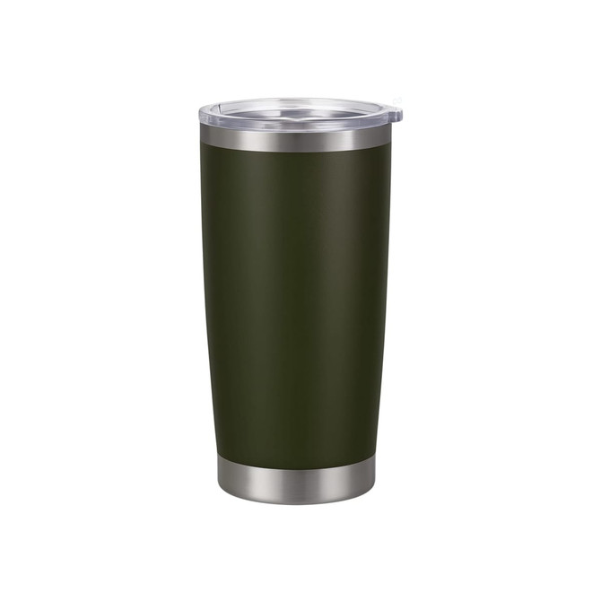 A drink bottle featuring a 600ML stainless steel double wall design in dark green with a clear lid and a metallic rim.