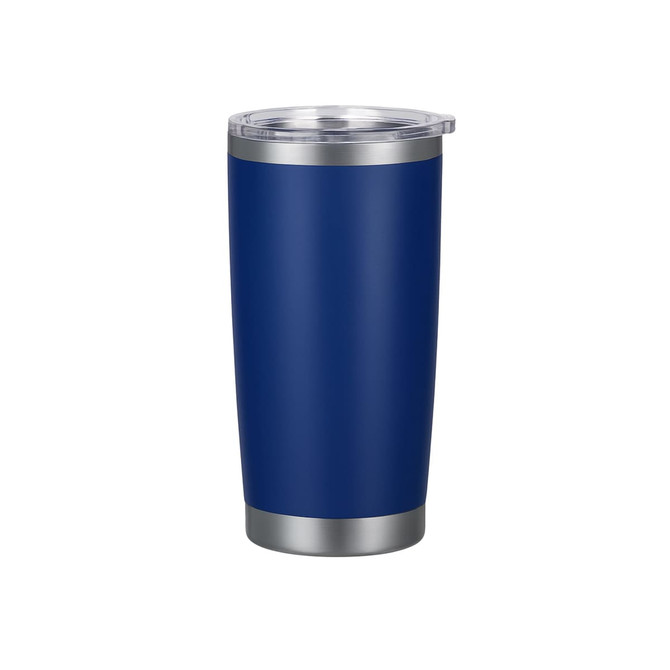 A drink bottle featuring a navy blue stainless steel exterior, double wall insulation, and a clear lid. It has a metallic silver band.