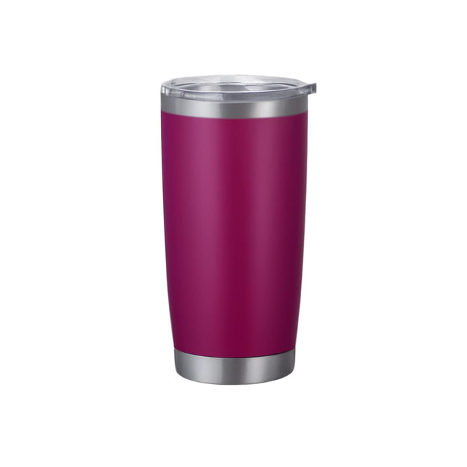A drink bottle featuring a vibrant purple exterior and a stainless steel base with a clear lid. It has a logo.