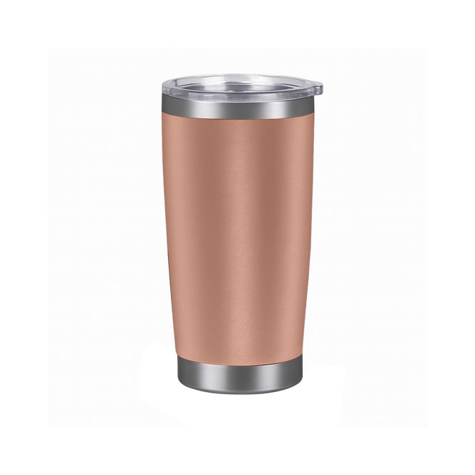 A drink bottle made of stainless steel with a double wall, featuring a rose gold exterior and a clear lid.