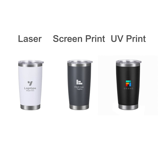 A drink bottle featuring a white, grey, and black stainless steel double wall design with logos.