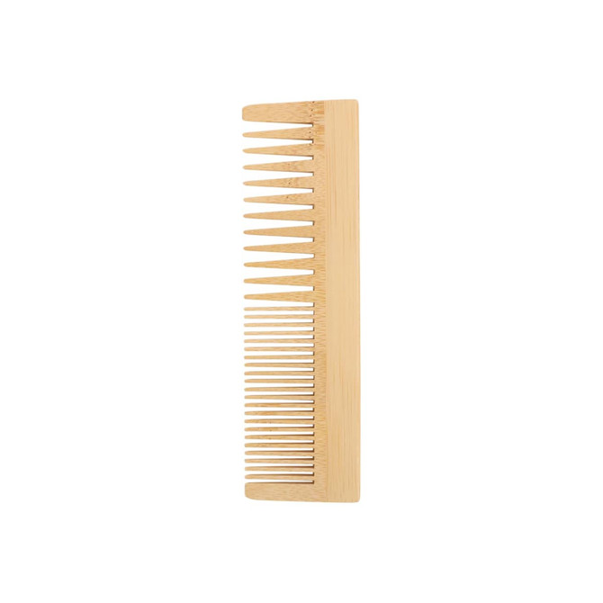 A bamboo comb in a natural wood finish, featuring wide and fine teeth for versatile styling.