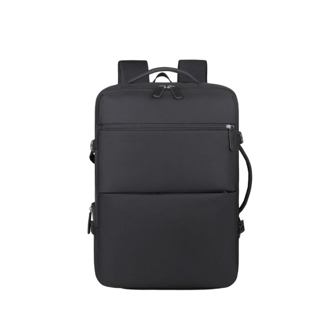 A black expandable travel backpack with multiple compartments and a sleek design, featuring a logo on the front.