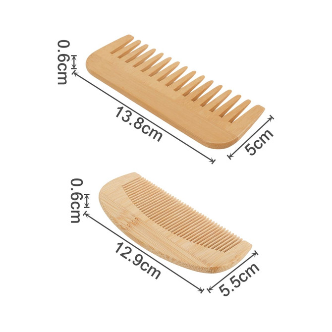 A bamboo small comb with a smooth finish, featuring two distinct styles and measurements. It has a natural wood colour.