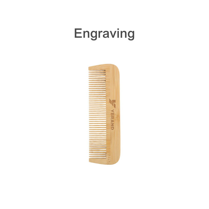 A fine-tooth bamboo small comb with a light wooden finish and a branding logo engraved on it.