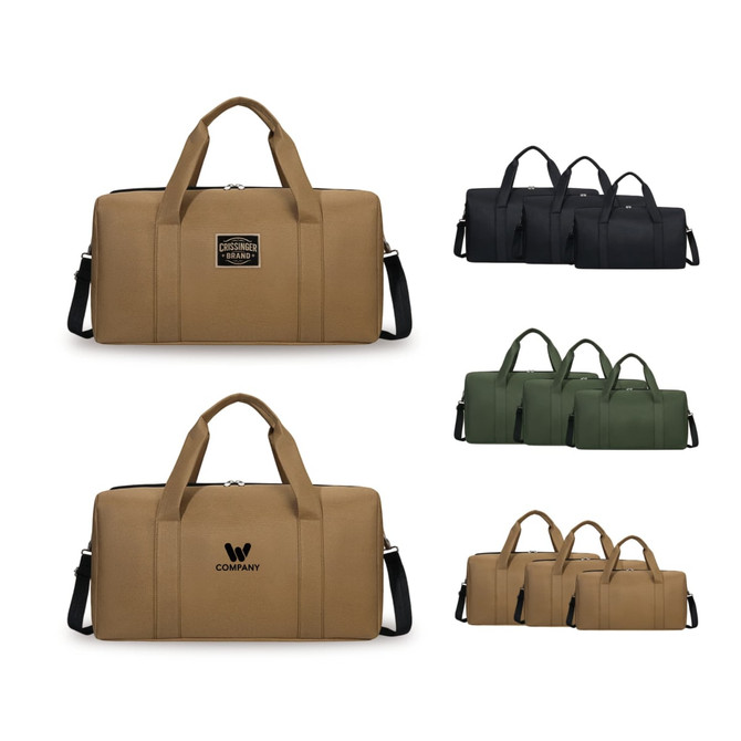 A collection of durable duffle bags in khaki, black, and green, featuring handles and a logo on some bags.