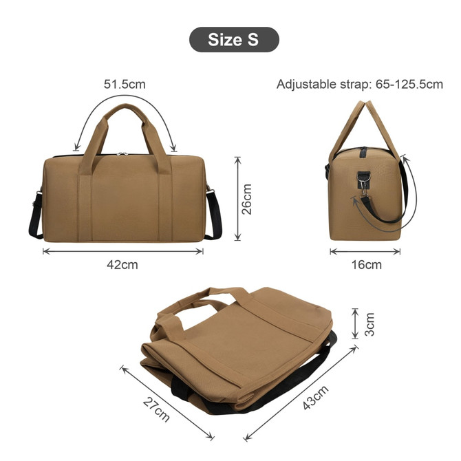 A durable duffle bag in tan, featuring adjustable straps and various dimensions for versatile use. Includes a logo.
