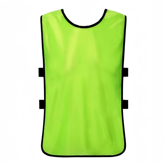 A bright green 100% polyester training bib with a black trim and adjustable straps on the sides.