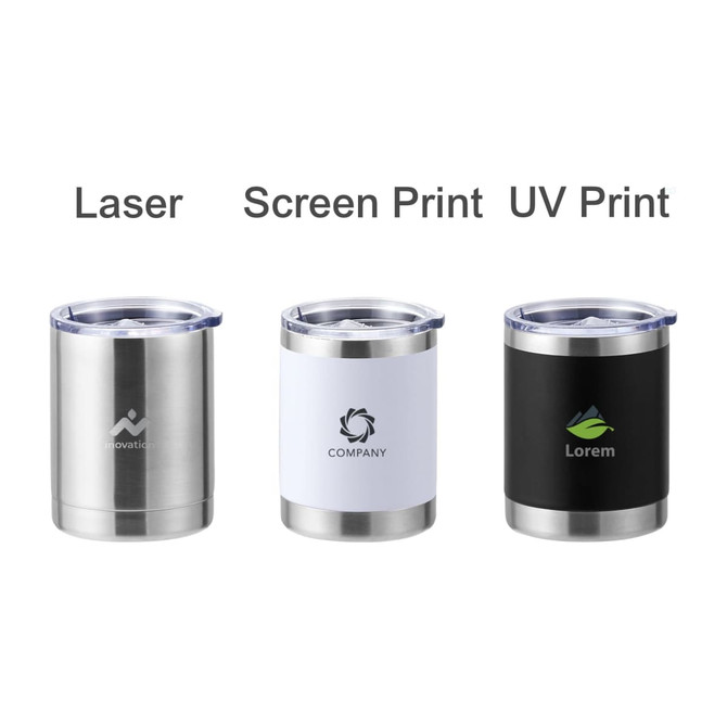 A drink bottle in three styles: stainless steel with white, black, and silver finishes, each with a logo.