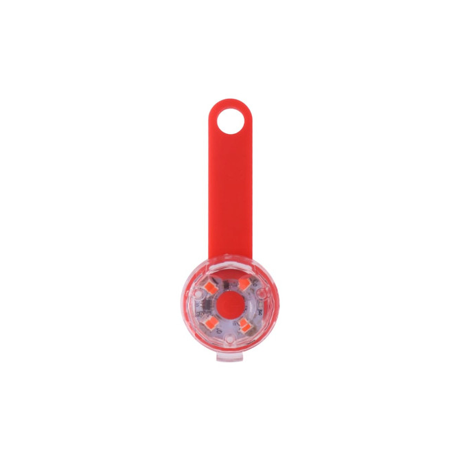 A red LED pet collar light with a clear round casing and four visible lights. It features a loop for attachment.