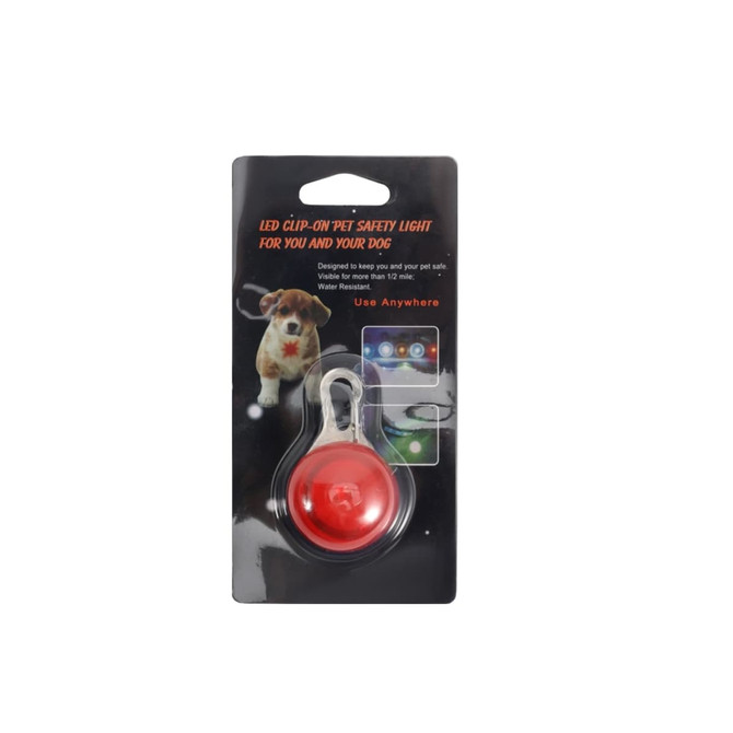 A red LED clip-on light for pets, displayed in packaging, featuring a logo and various colours illuminated.