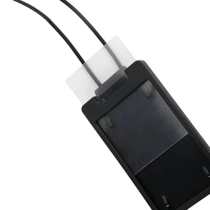A black ABS retractable card holder with a silicone strap, featuring two retractable cords and a clear cover.