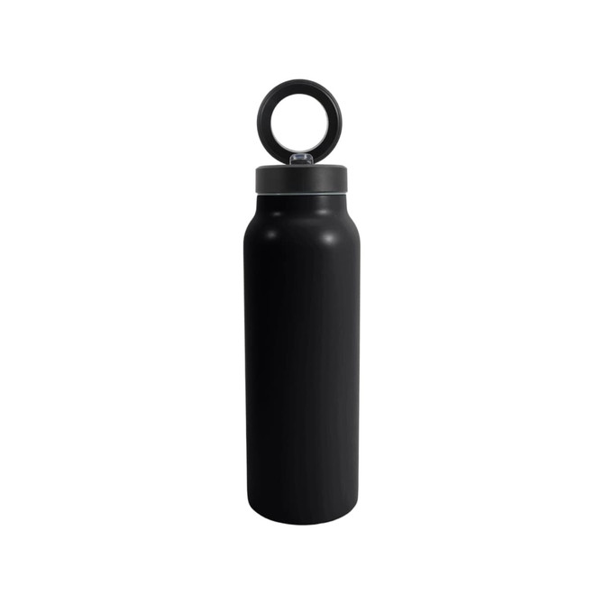 A drink bottle made of black stainless steel, featuring a vacuum design and a magnetic phone holder.