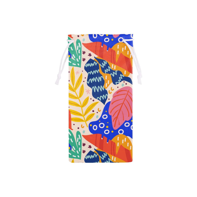 A drawstring pouch featuring a vibrant, multicoloured leaf and plant design with a white background.