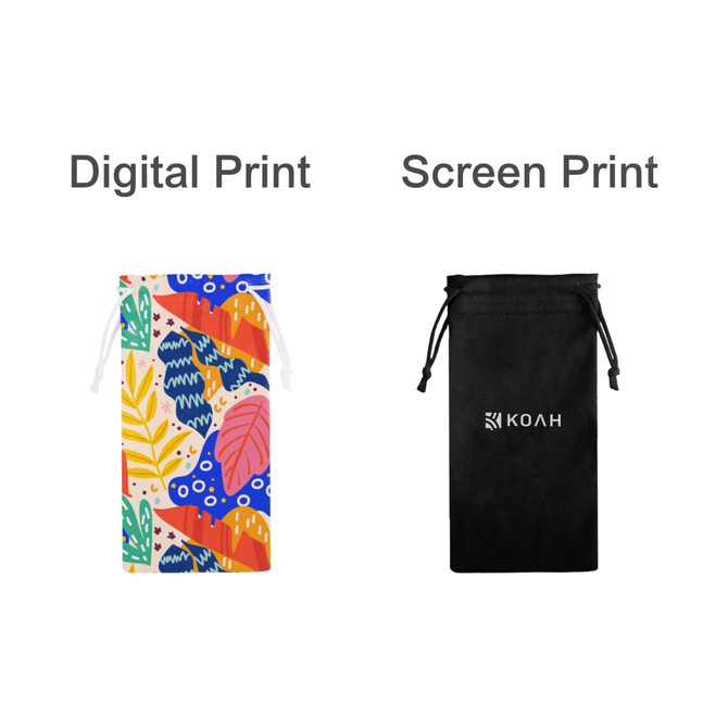 Two RPET lens pouches: one with a colourful digital print featuring leaves and patterns, and the other in black with a logo.