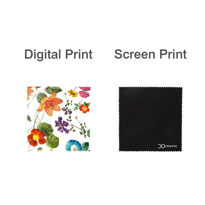 Two RPET lens cloths, one with a colourful floral pattern and another in solid black, featuring a logo.