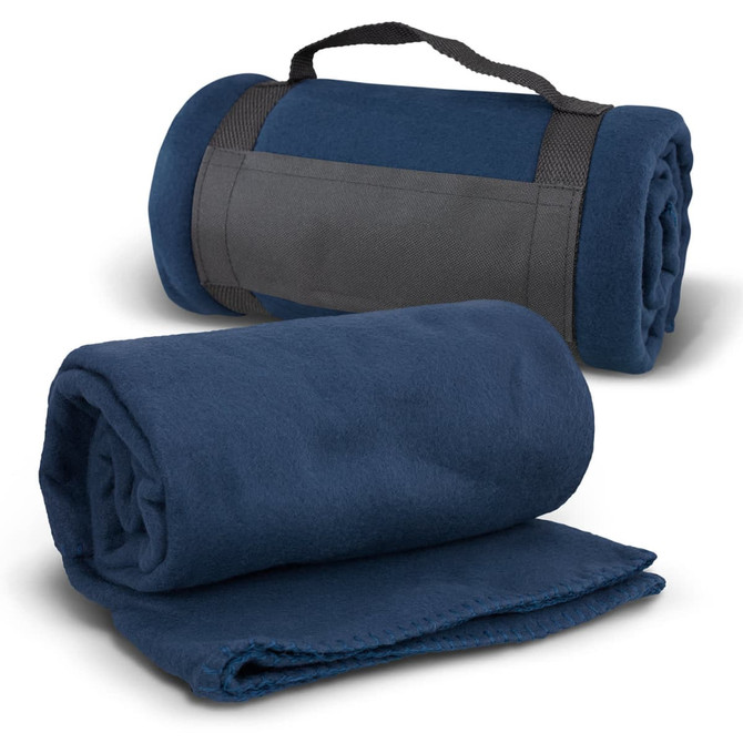 A navy fleece blanket rolled and secured with a black strap, displaying a soft, textured surface.