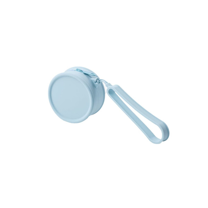A round silicone coin pouch in light blue, featuring a zip closure and a handy strap.