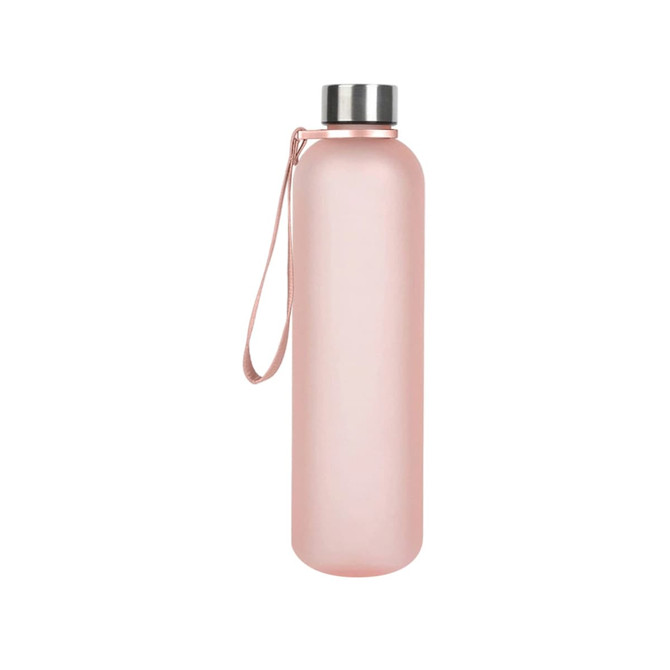 A drink bottle in a matte pink finish with a stainless steel lid and a strap for easy carrying.