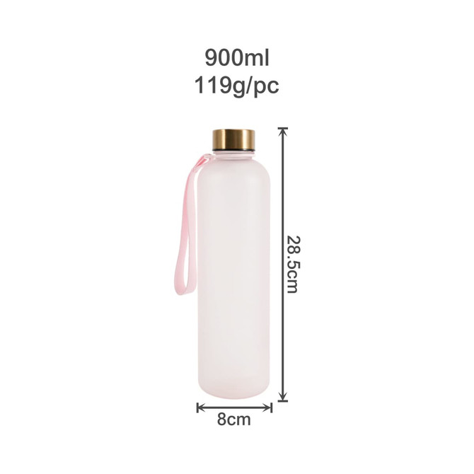 A drink bottle in pink with a gold lid, featuring a handle and measurements displayed alongside.
