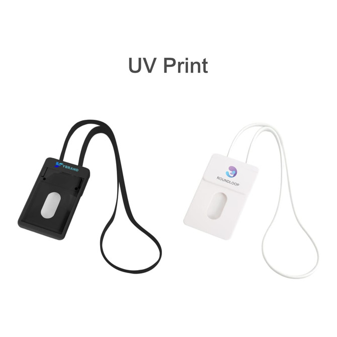 A black and a white ABS retractable card holder with lanyards, featuring a logo on each.