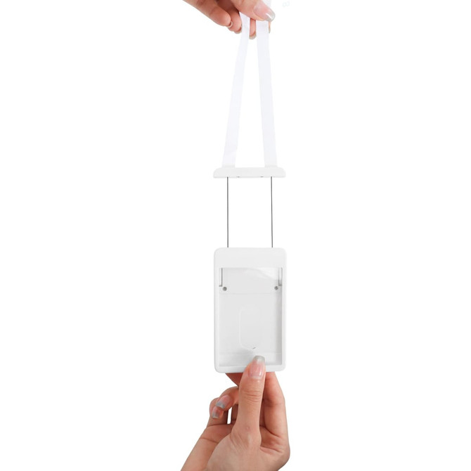 A white ABS retractable card holder with a lanyard, demonstrating pull and extend functionality.