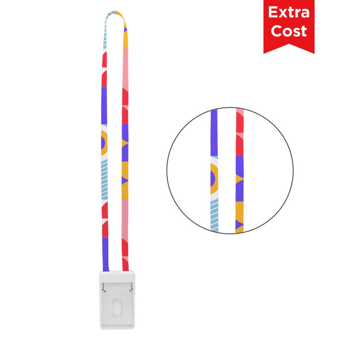 A colourful ABS retractable card holder with a lanyard featuring an abstract design and a logo.