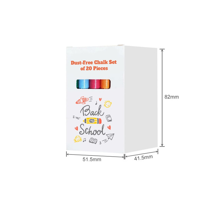 A box of dust-free chalk sticks in various colours, containing 20 pieces, with a simple design and a visible logo.