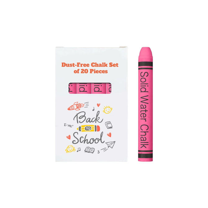 A box of 20 pieces of pink dust-free chalk, featuring a logo and various school-themed illustrations.